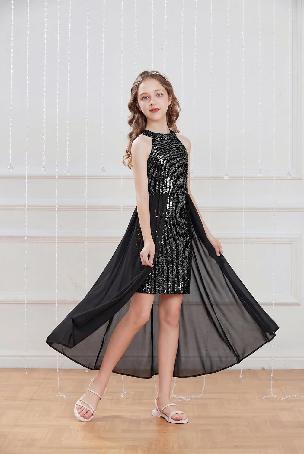 image:imageGRACE KARIN Girls Halter Neck Sequin Dress Kids Fancy Formal Party Christmas Sparkly Pageant Birthday DressesSilver Black