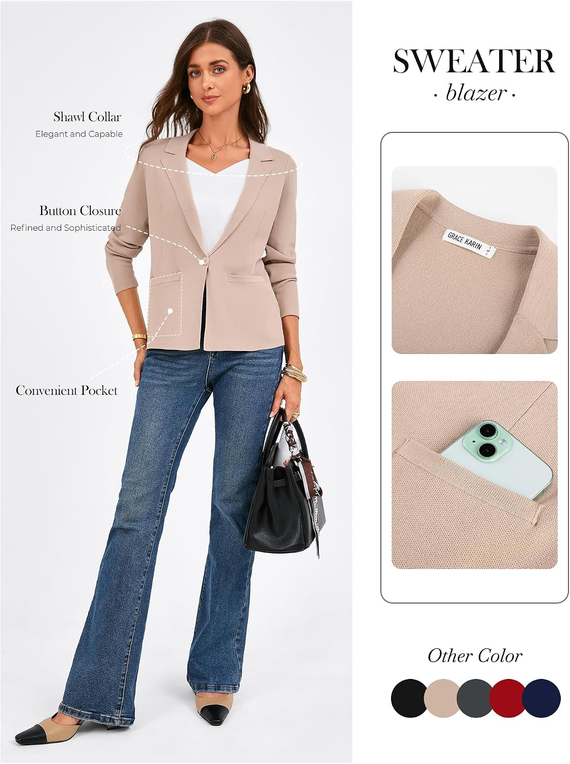image:imageGRACE KARIN Womens Sweater Blazer Jackets Business Casual Work CardiganApricot
