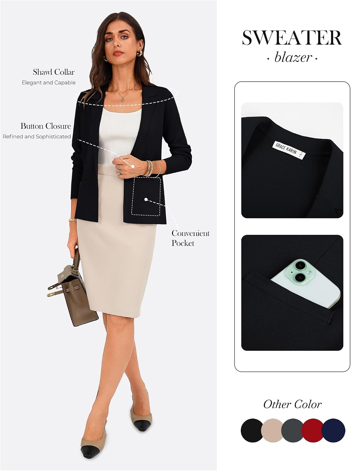image:imageGRACE KARIN Womens Sweater Blazer Jackets Business Casual Work CardiganBlack