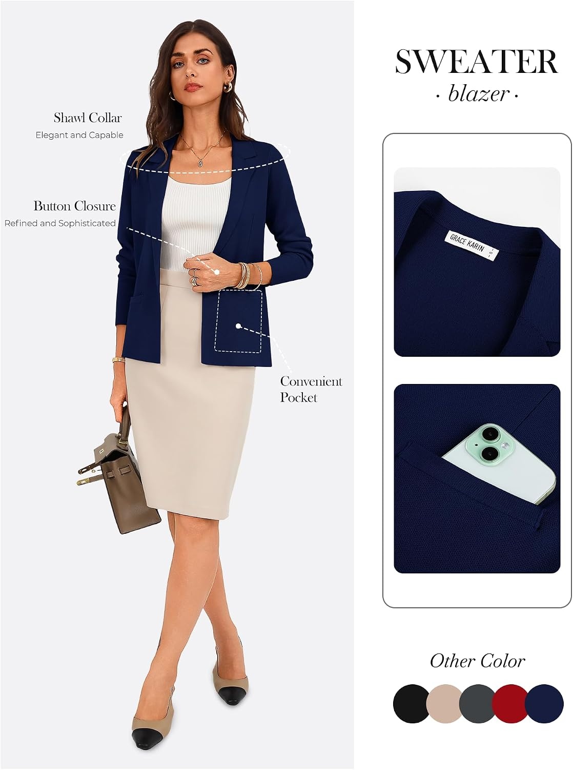 image:imageGRACE KARIN Womens Sweater Blazer Jackets Business Casual Work CardiganNavy Blue