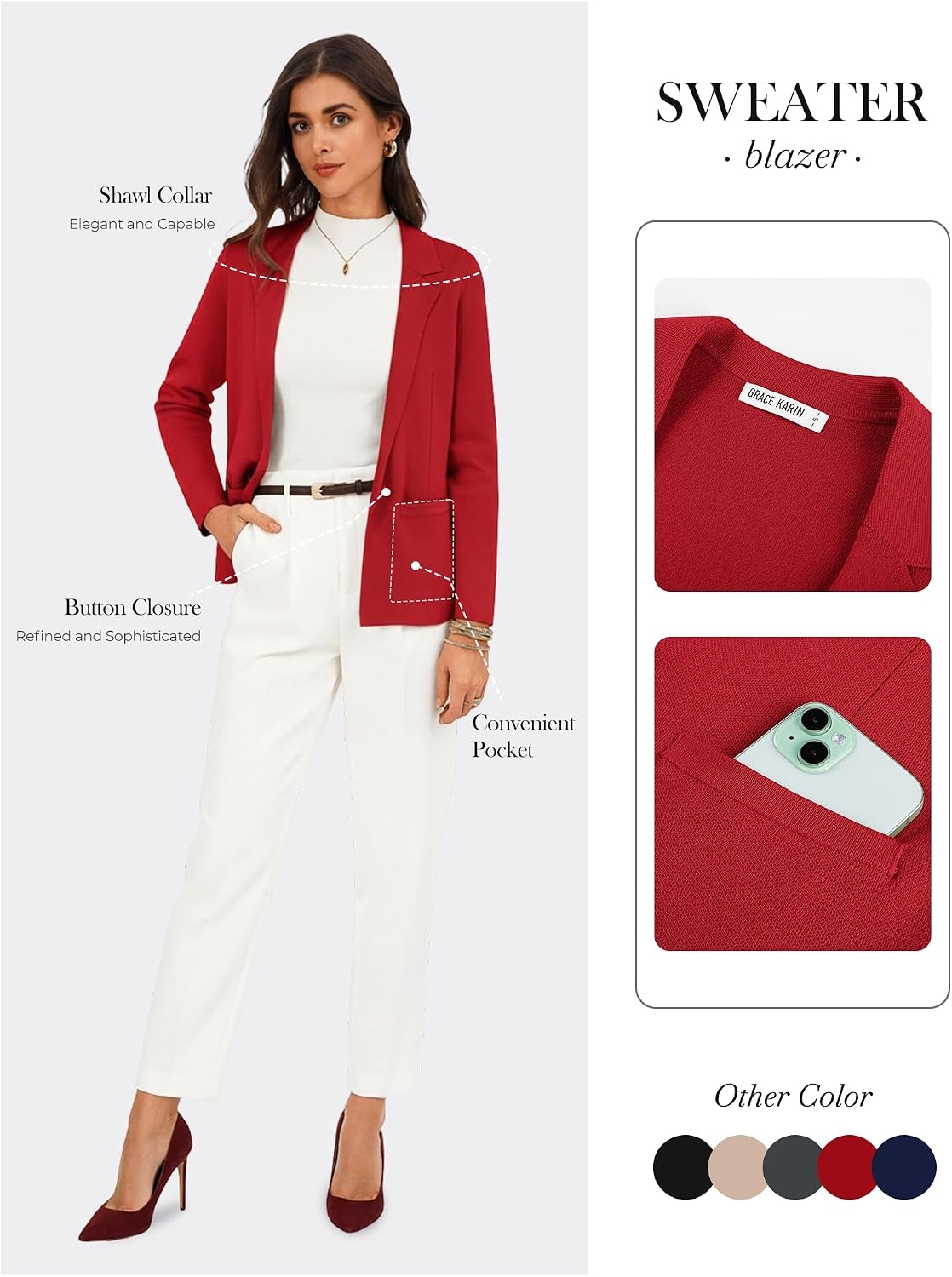 image:imageGRACE KARIN Womens Sweater Blazer Jackets Business Casual Work CardiganRed