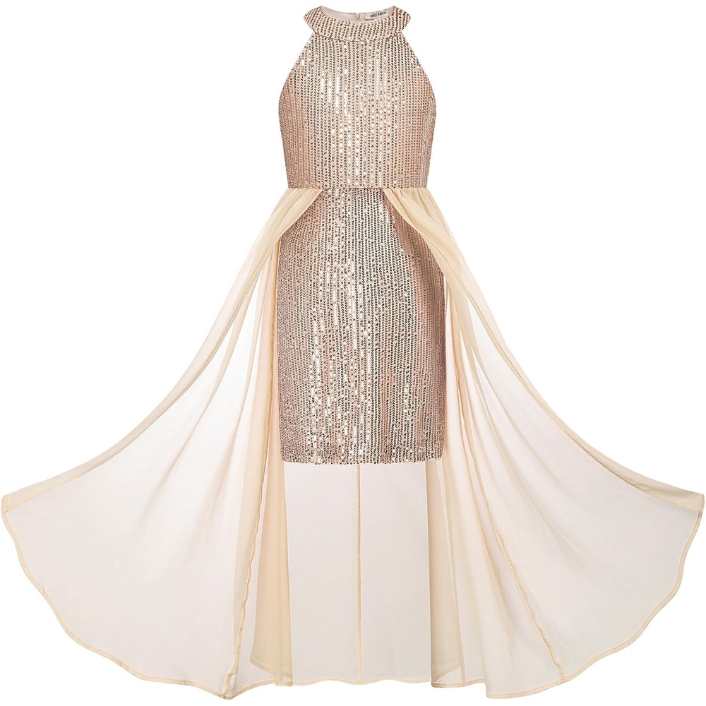 image:imageGRACE KARIN Girls Halter Neck Sequin Dress Kids Fancy Formal Party Christmas Sparkly Pageant Birthday DressesChampagne Gold