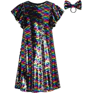 GRACE KARIN Girls Flutter Sleeve Sequin Dresses Kids Crew Neck Sparkly Fancy Formal Party Dress with Hairbow 5-12 Years(Multicolor Black)