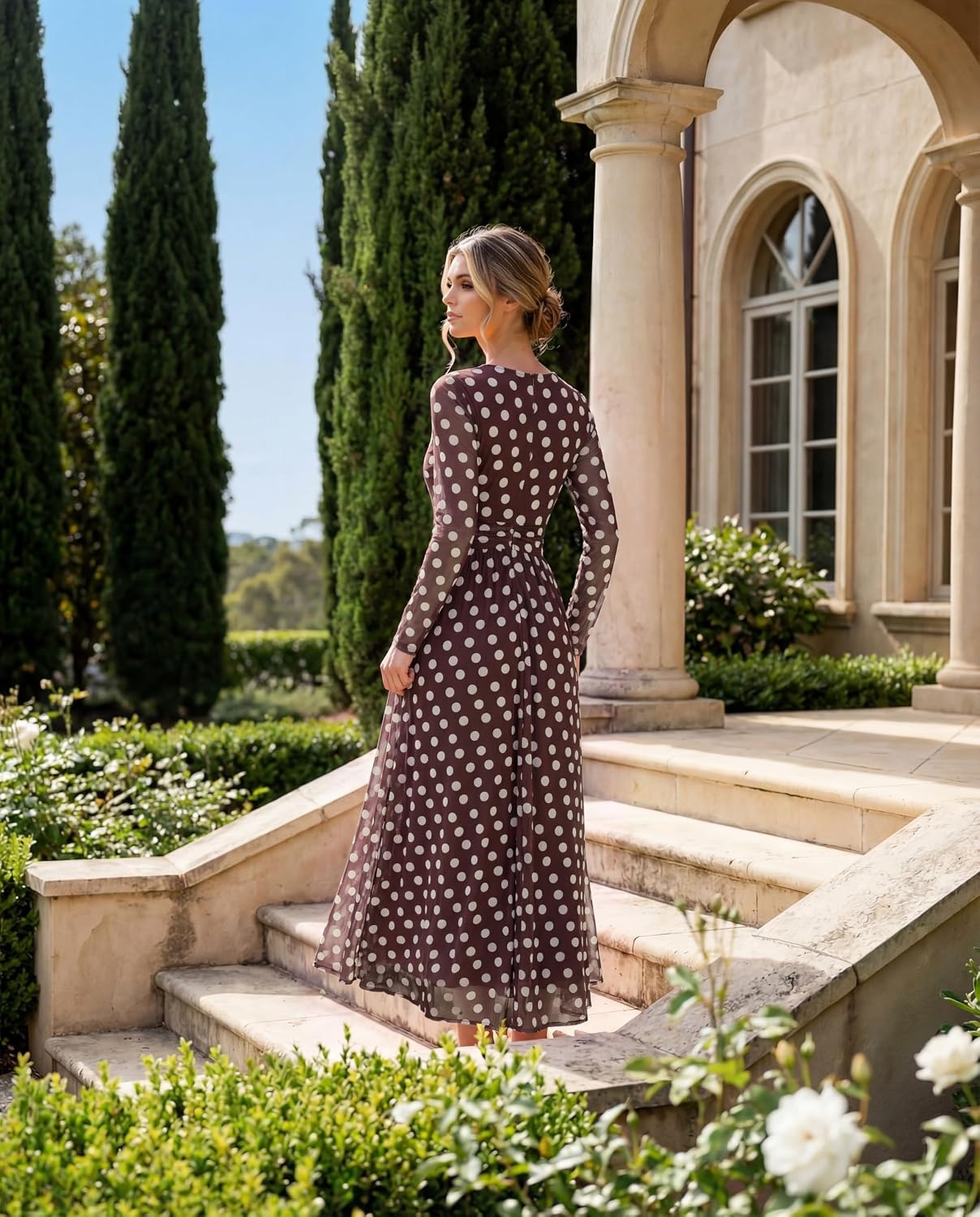 image:imageGRACE KARIN Women Fall Wedding Guest Long Sleeve Formal Floral Maxi DressBrown Polka Dots