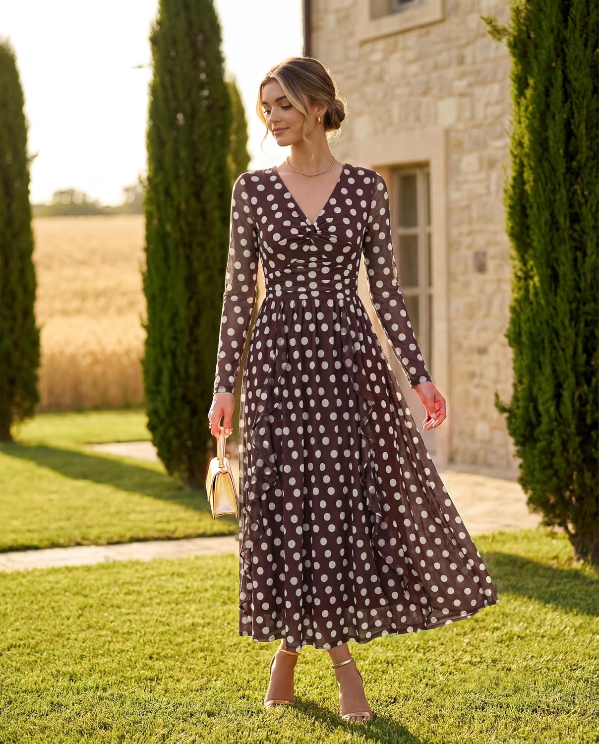 image:imageGRACE KARIN Women Fall Wedding Guest Long Sleeve Formal Floral Maxi DressBrown Polka Dots