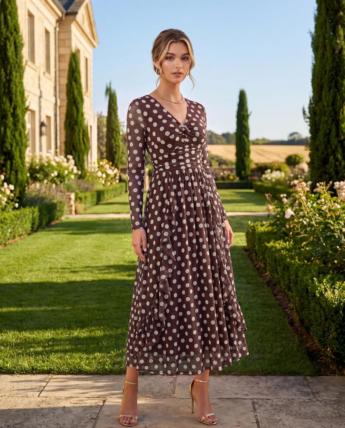 image:imageGRACE KARIN Women Fall Wedding Guest Long Sleeve Formal Floral Maxi DressBrown Polka Dots