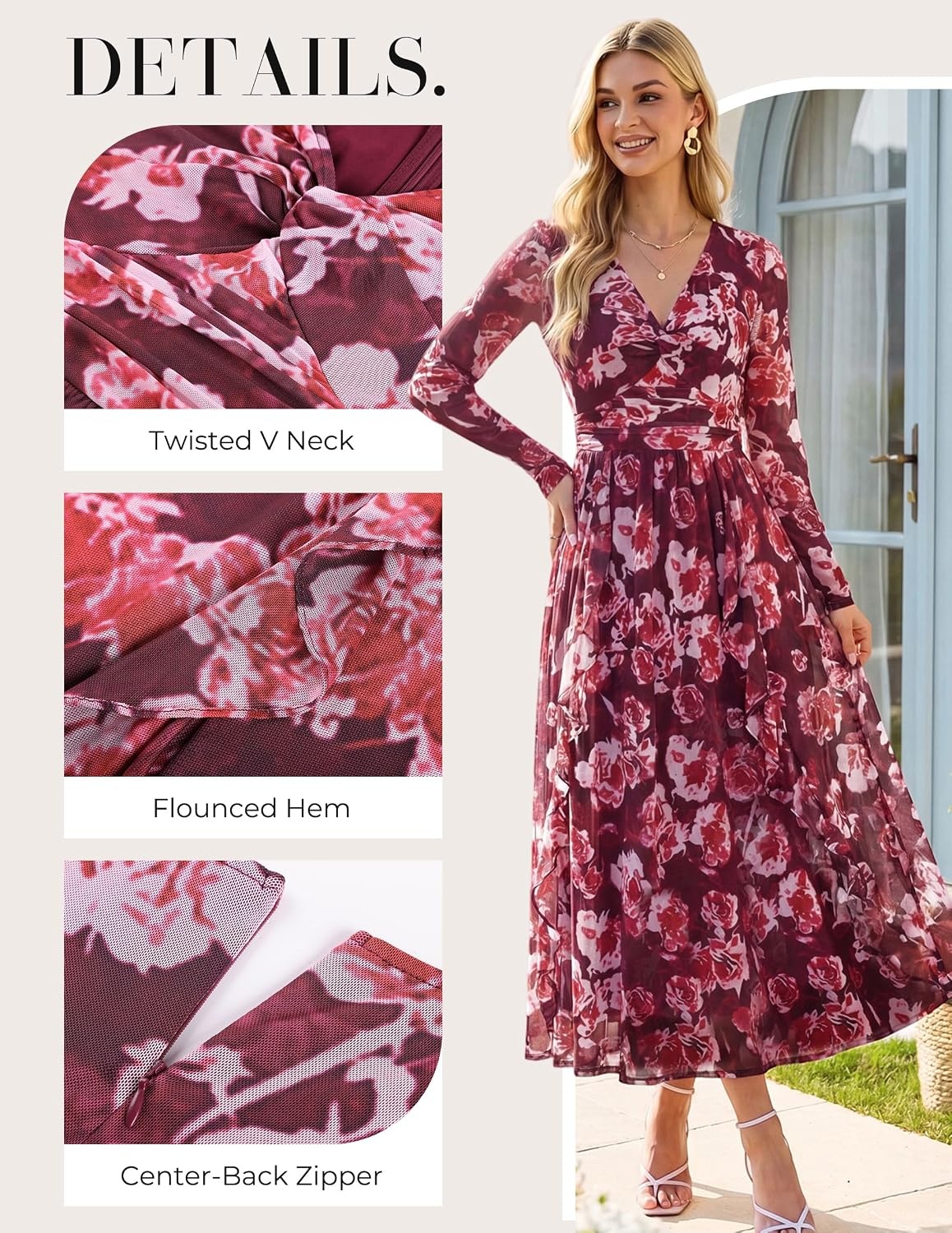 image:imageGRACE KARIN Women Fall Wedding Guest Long Sleeve Formal Floral Maxi DressWine Red
