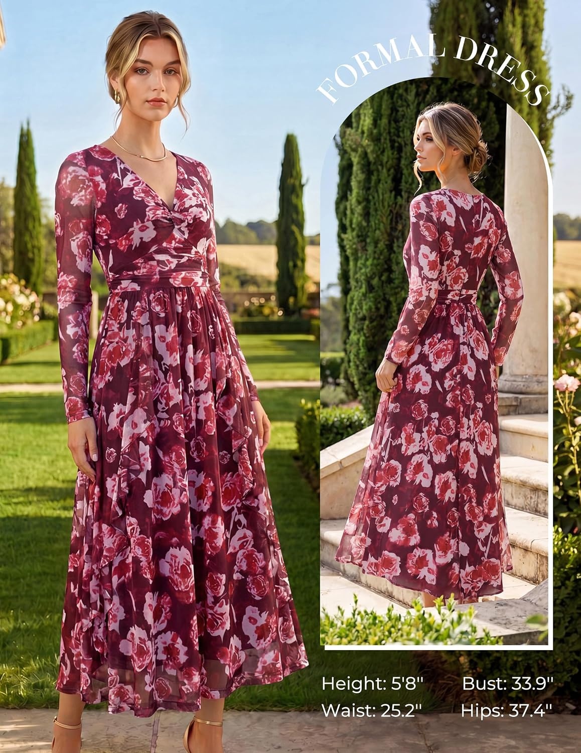 image:imageGRACE KARIN Women Fall Wedding Guest Long Sleeve Formal Floral Maxi DressWine Red