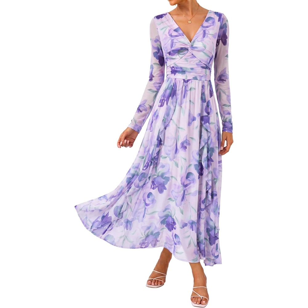 image:imageGRACE KARIN Women Fall Wedding Guest Long Sleeve Formal Floral Maxi DressPurple Floral