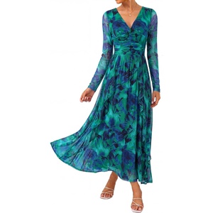 GRACE KARIN Women Fall Wedding Guest Long Sleeve Formal Floral Maxi Dress(Blue Green)