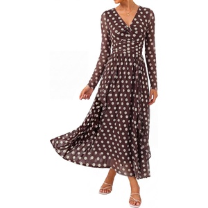 GRACE KARIN Women Fall Wedding Guest Long Sleeve Formal Floral Maxi Dress(Brown Polka Dots)