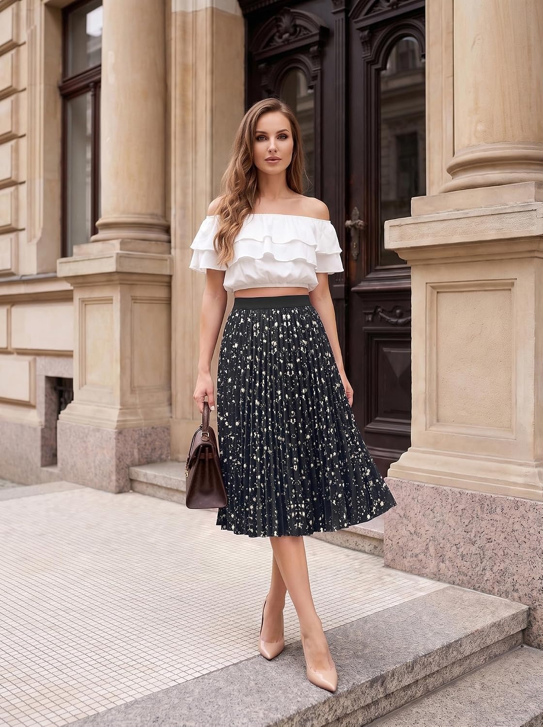 image:imageGRACE KARIN Pleated Midi Skirt for Women Chiffon ALine OutfitsBlack Apricot Floral
