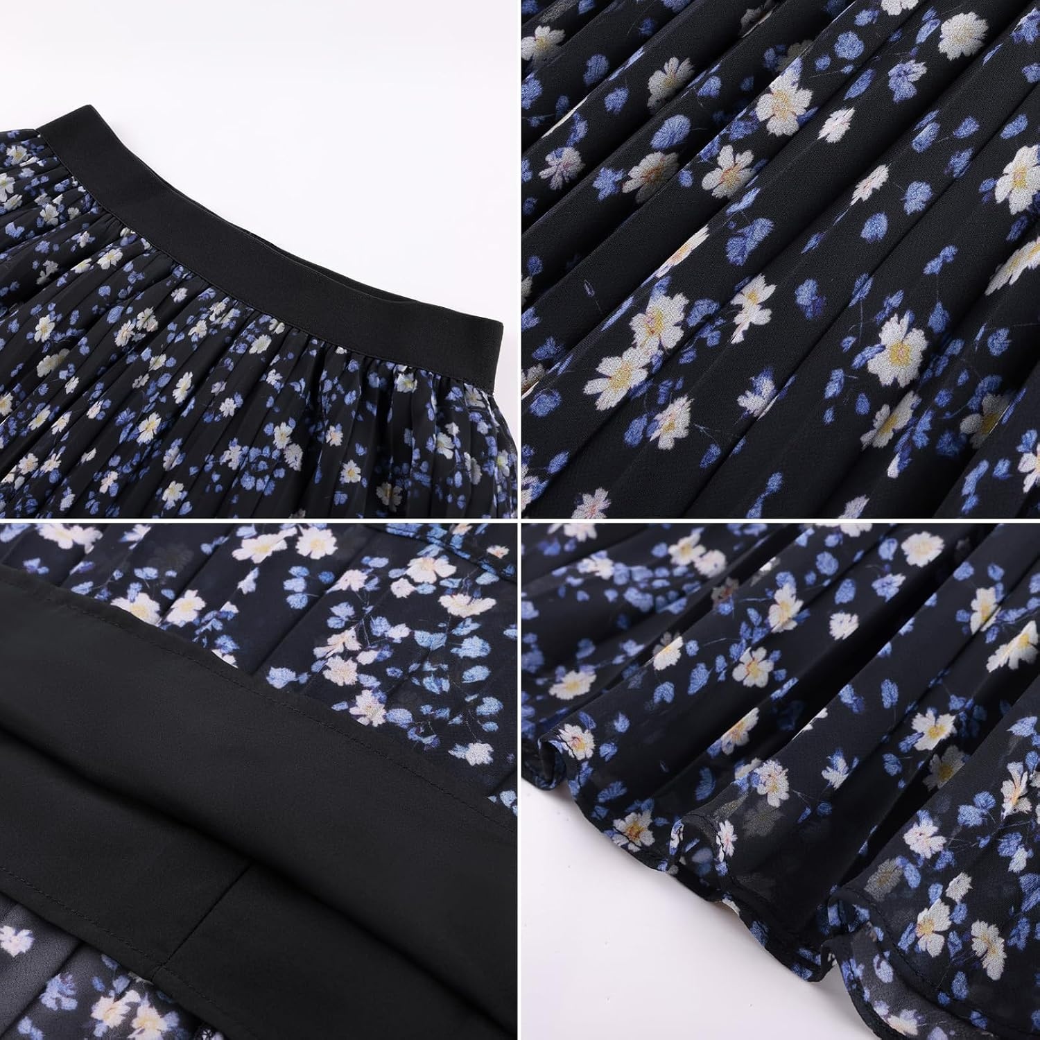 image:imageGRACE KARIN Pleated Midi Skirt for Women Chiffon ALine OutfitsBlack Blueyellow Floral