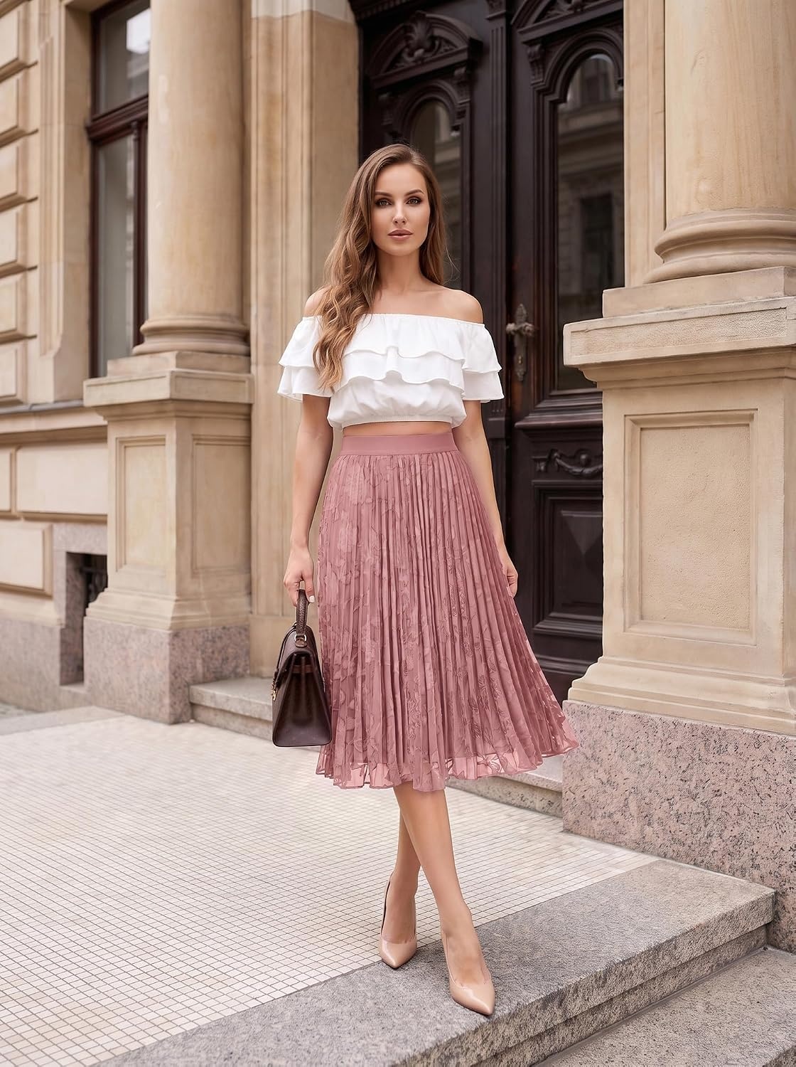 image:imageGRACE KARIN Pleated Midi Skirt for Women Chiffon ALine OutfitsLace Coral Pink Floral