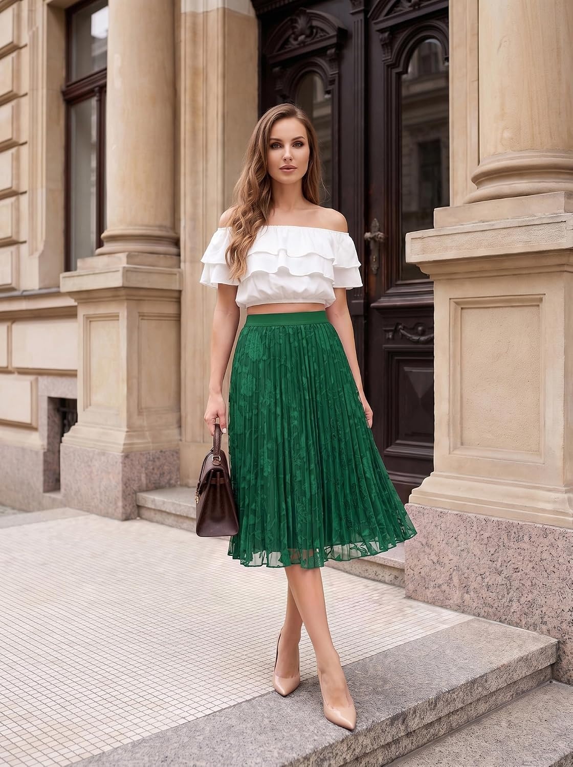 image:imageGRACE KARIN Pleated Midi Skirt for Women Chiffon ALine OutfitsLace Green Floral