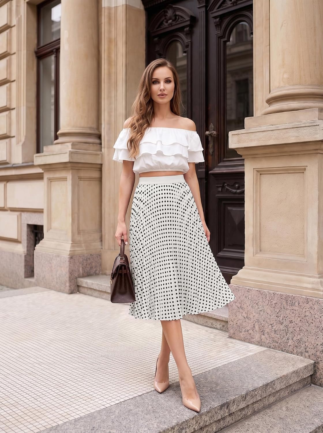 image:imageGRACE KARIN Pleated Midi Skirt for Women Chiffon ALine OutfitsWhite Polka Dots