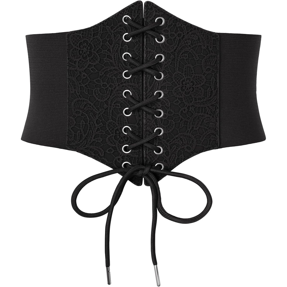 image:imageGRACE KARIN Laceup Cinch Belt Tied Corset Elastic Waist BeltFlowers Black
