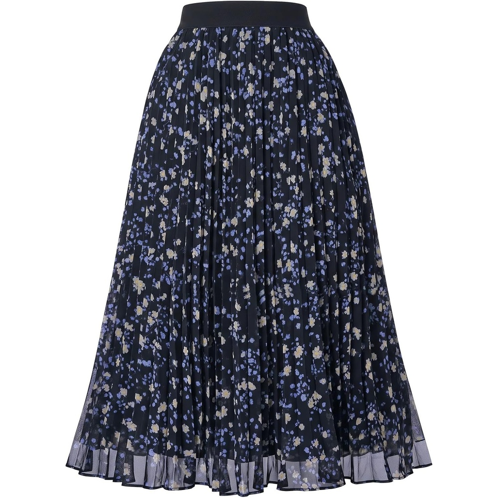 image:imageGRACE KARIN Pleated Midi Skirt for Women Chiffon ALine OutfitsBlack Blueyellow Floral