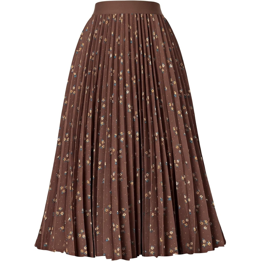 image:imageGRACE KARIN Pleated Midi Skirt for Women Chiffon ALine OutfitsBrown Yellow Floral