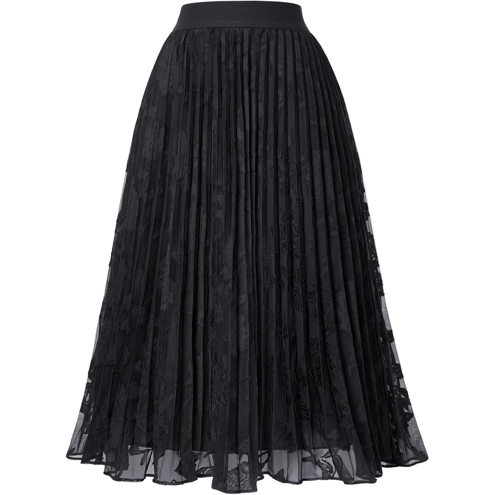 image:imageGRACE KARIN Pleated Midi Skirt for Women Chiffon ALine OutfitsLace Black Floral