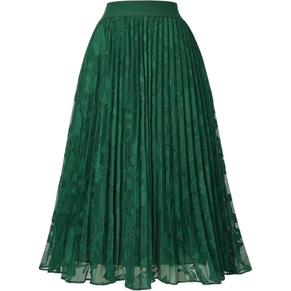image:imageGRACE KARIN Pleated Midi Skirt for Women Chiffon ALine OutfitsLace Green Floral