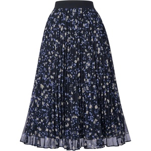 GRACE KARIN Pleated Midi Skirt for Women Chiffon A-Line Outfits(Black Blue‑yellow Floral)