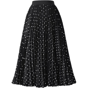 GRACE KARIN Pleated Midi Skirt for Women Chiffon A-Line Outfits(Black Polka Dots)