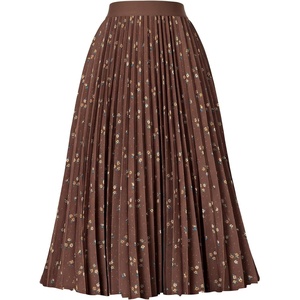 GRACE KARIN Pleated Midi Skirt for Women Chiffon A-Line Outfits(Brown Yellow Floral)