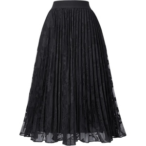 GRACE KARIN Pleated Midi Skirt for Women Chiffon A-Line Outfits(Lace Black Floral)