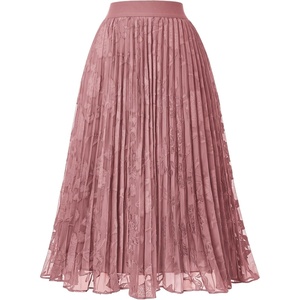 GRACE KARIN Pleated Midi Skirt for Women Chiffon A-Line Outfits(Lace Coral Pink Floral)
