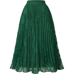 GRACE KARIN Pleated Midi Skirt for Women Chiffon A-Line Outfits(Lace Green Floral)