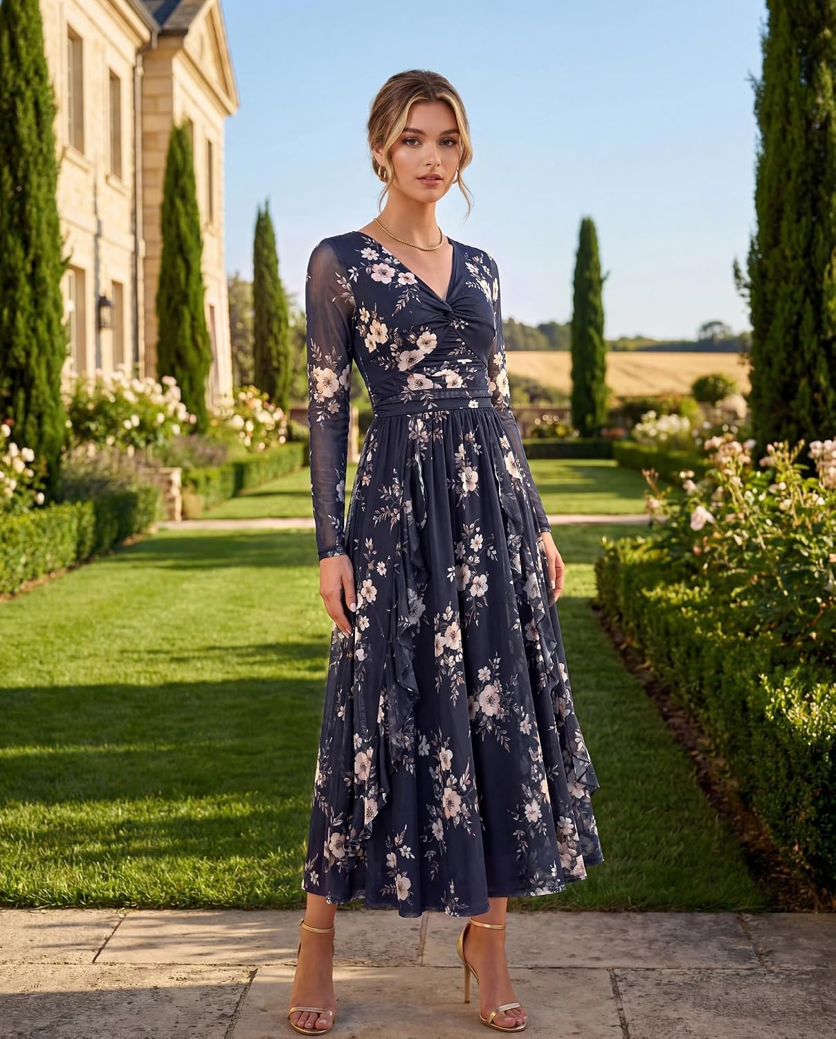 image:imageGRACE KARIN Women Fall Wedding Guest Long Sleeve Formal Floral Maxi DressWhite Blue Floral