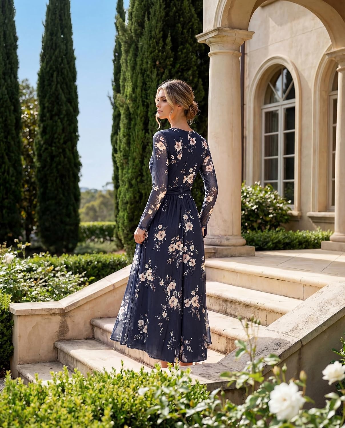 image:imageGRACE KARIN Women Fall Wedding Guest Long Sleeve Formal Floral Maxi DressWhite Blue Floral