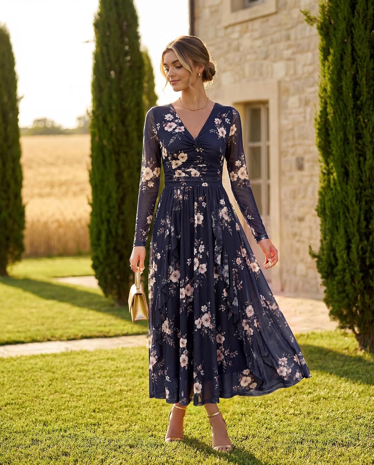 image:imageGRACE KARIN Women Fall Wedding Guest Long Sleeve Formal Floral Maxi DressWhite Blue Floral