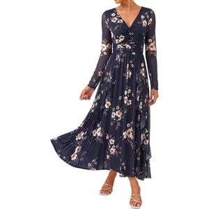 GRACE KARIN Women Fall Wedding Guest Long Sleeve Formal Floral Maxi Dress(White Blue Floral)
