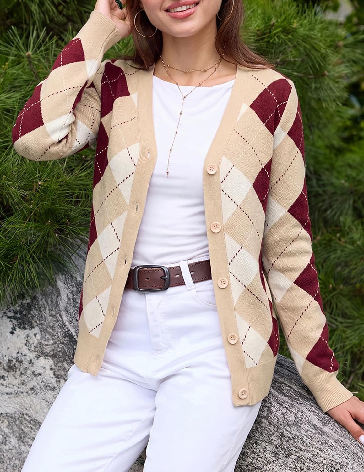 image:imageGRACE KARIN Cardigan Sweaters for Women Fall Argyle Sweater Preppy ClothesBeigewine