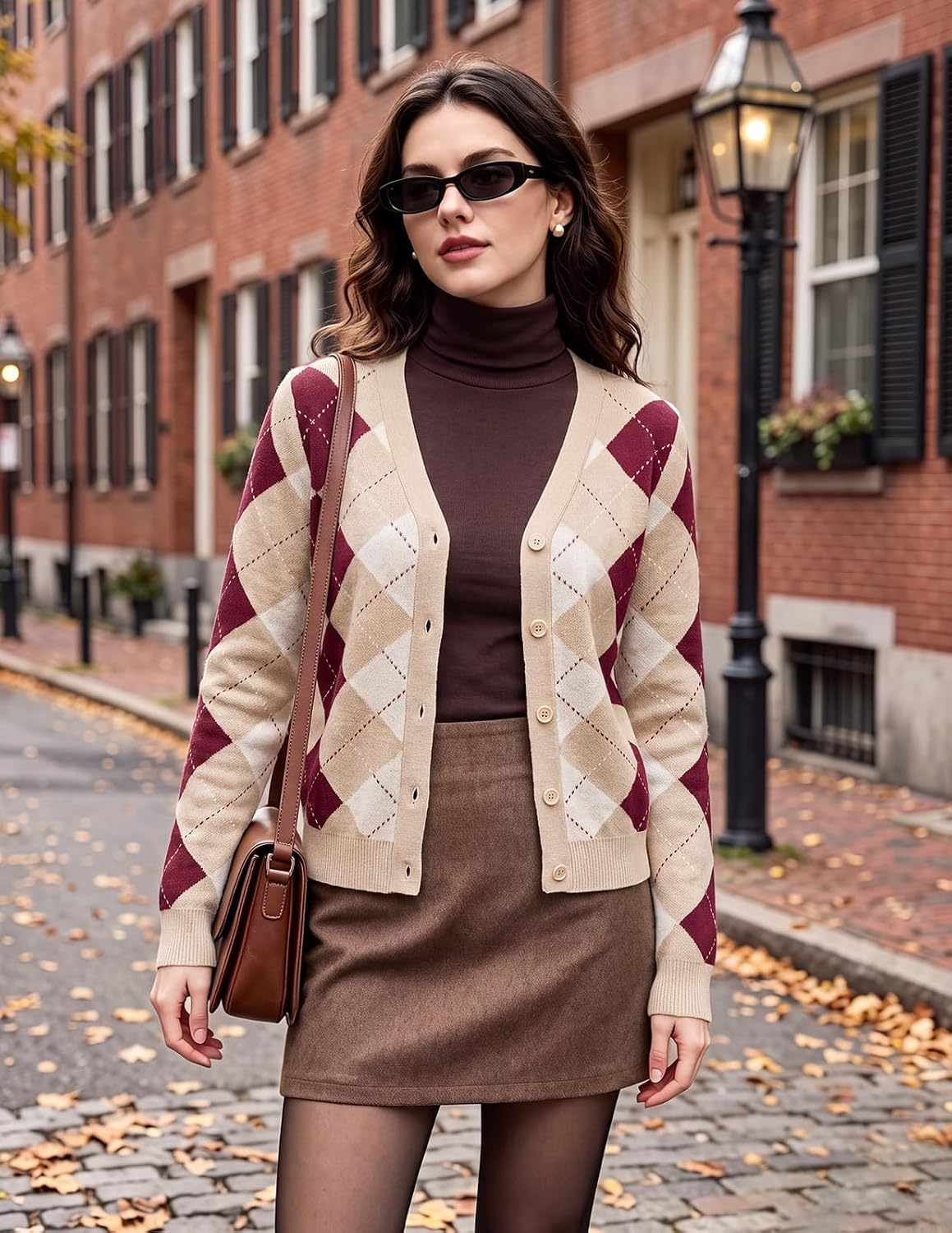 image:imageGRACE KARIN Cardigan Sweaters for Women Fall Argyle Sweater Preppy ClothesBeigewine