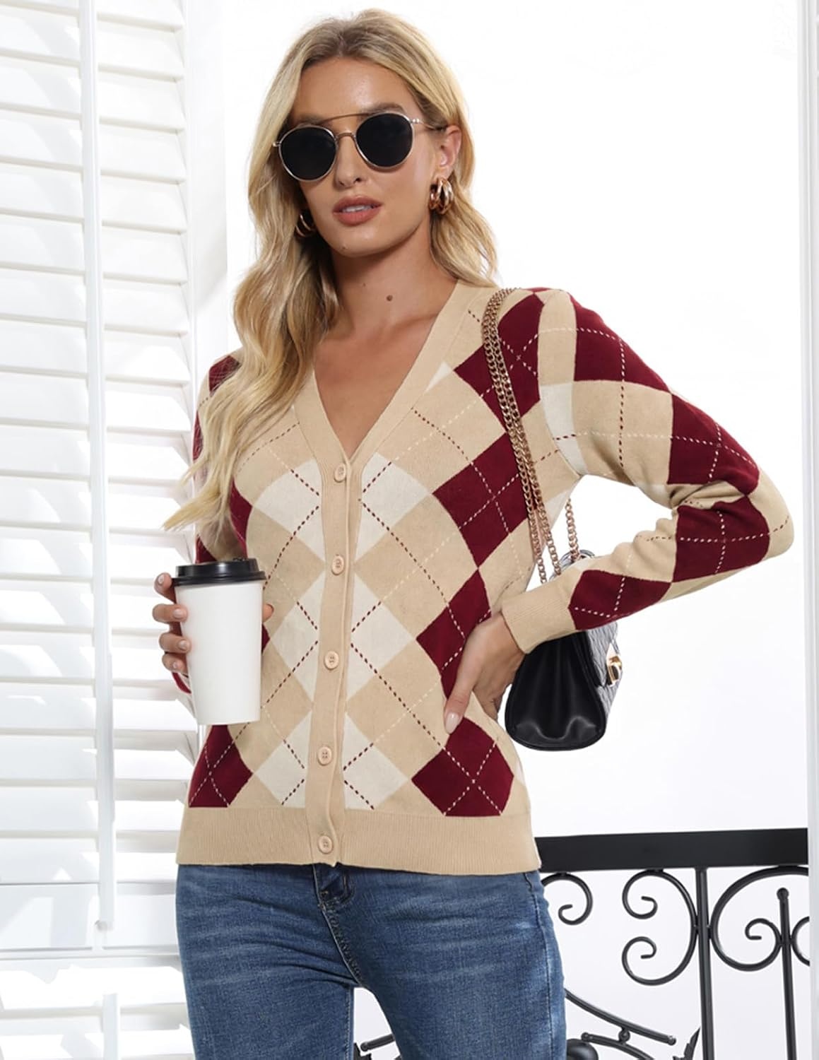 image:imageGRACE KARIN Cardigan Sweaters for Women Fall Argyle Sweater Preppy ClothesBeigewine