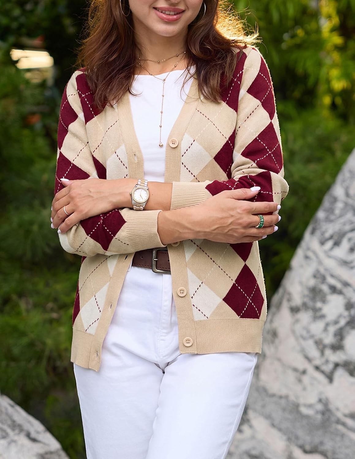 image:imageGRACE KARIN Cardigan Sweaters for Women Fall Argyle Sweater Preppy ClothesBeigewine