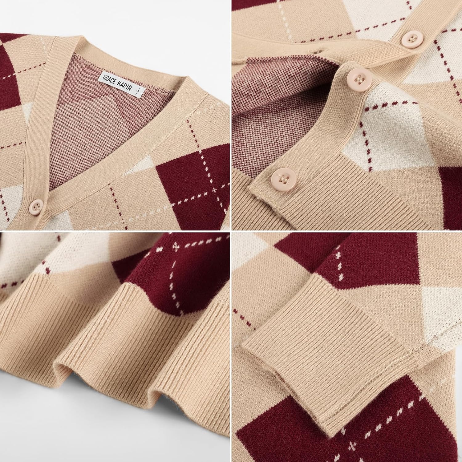 image:imageGRACE KARIN Cardigan Sweaters for Women Fall Argyle Sweater Preppy ClothesBeigewine