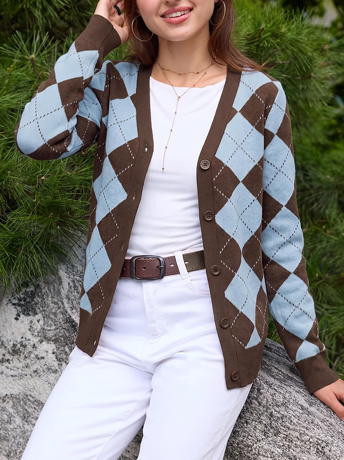 image:imageGRACE KARIN Cardigan Sweaters for Women Fall Argyle Sweater Preppy ClothesBluebrown