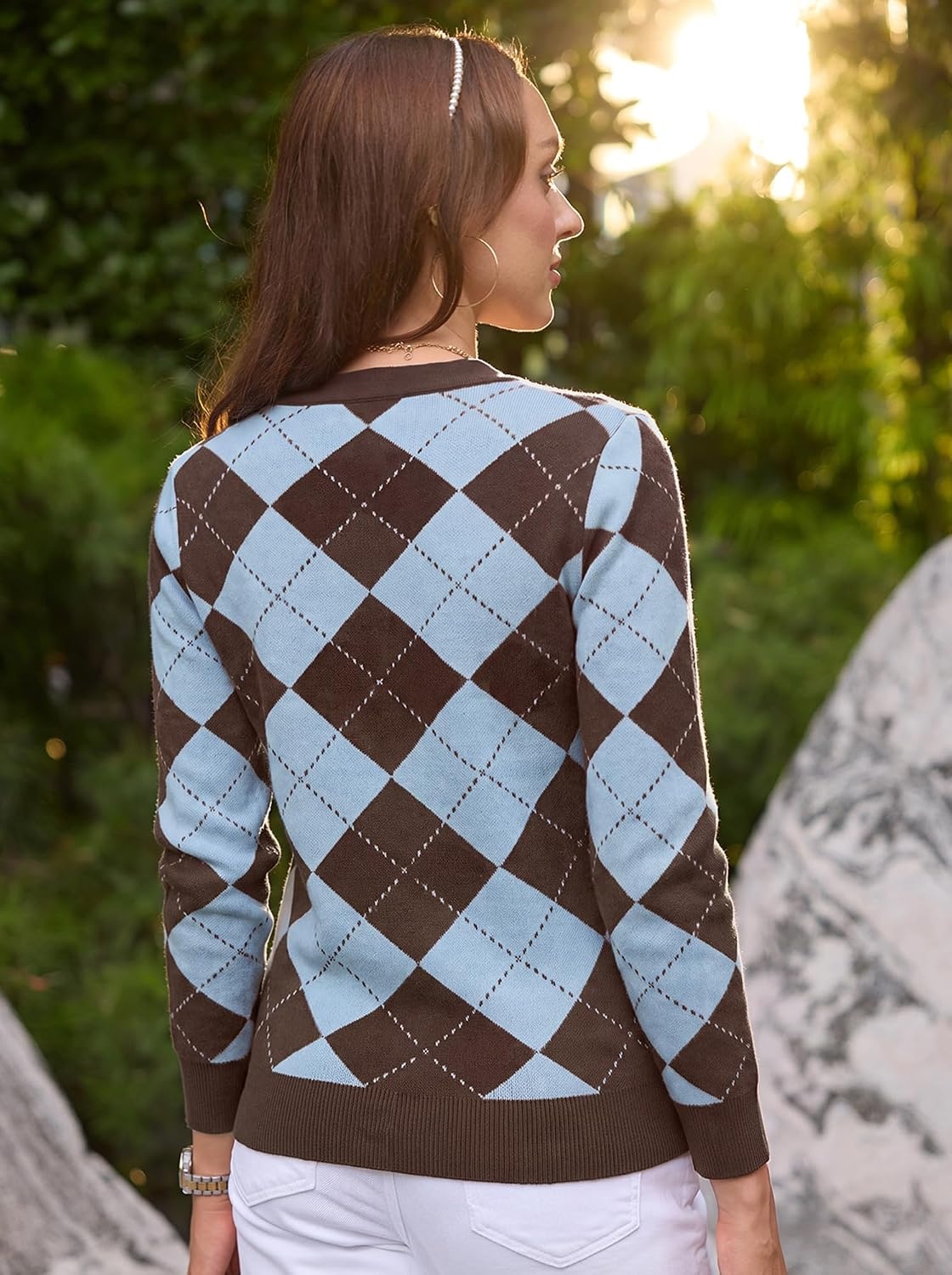 image:imageGRACE KARIN Cardigan Sweaters for Women Fall Argyle Sweater Preppy ClothesBluebrown