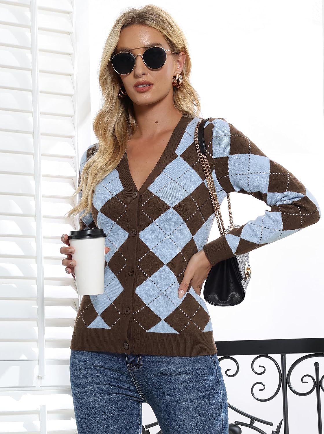 image:imageGRACE KARIN Cardigan Sweaters for Women Fall Argyle Sweater Preppy ClothesBluebrown