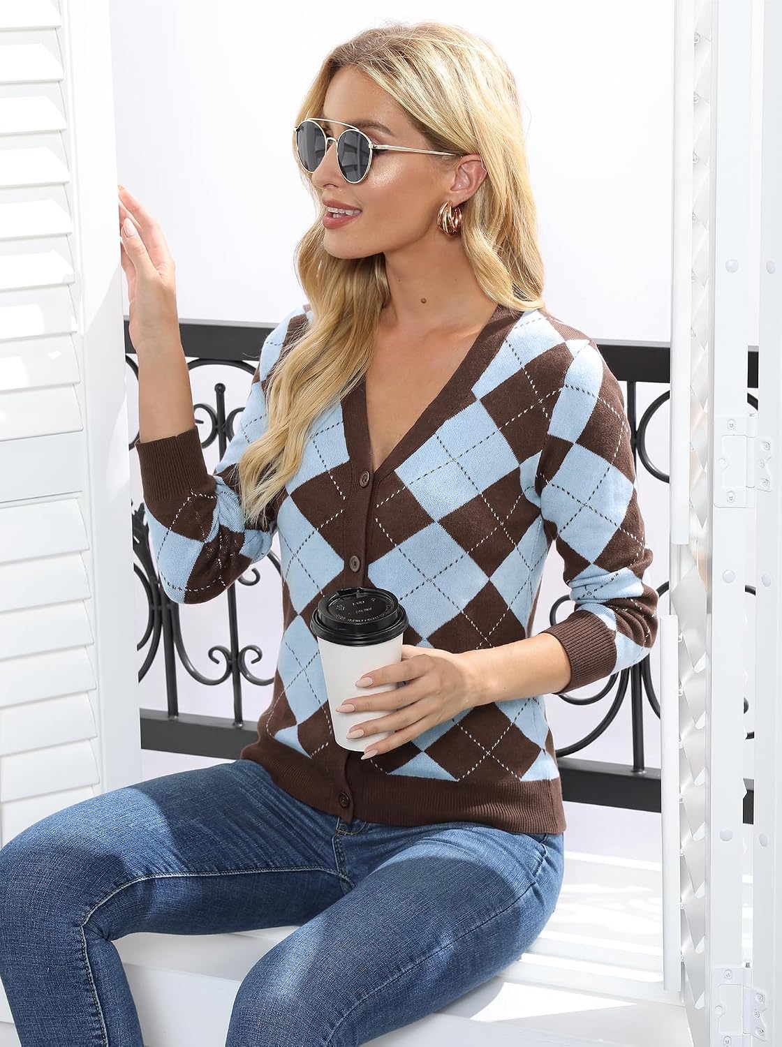 image:imageGRACE KARIN Cardigan Sweaters for Women Fall Argyle Sweater Preppy ClothesBluebrown