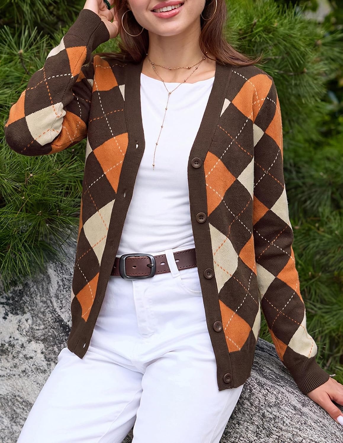 image:imageGRACE KARIN Cardigan Sweaters for Women Fall Argyle Sweater Preppy ClothesBrown Orange Beige