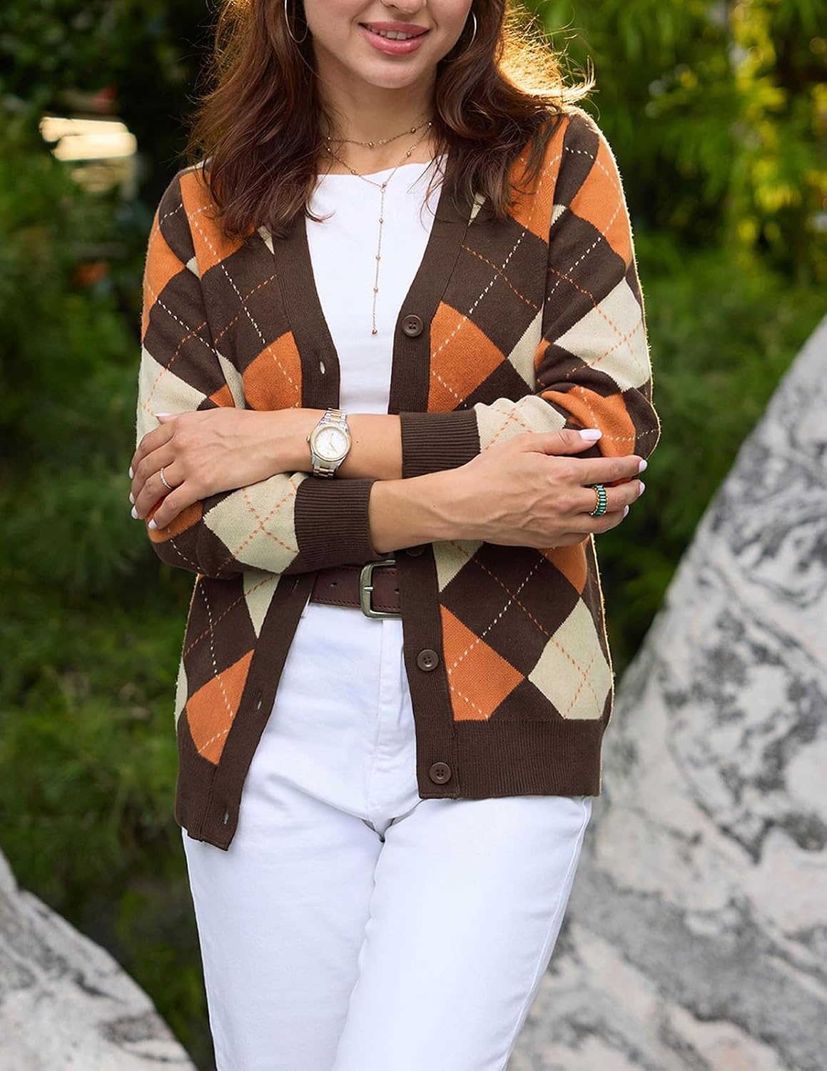image:imageGRACE KARIN Cardigan Sweaters for Women Fall Argyle Sweater Preppy ClothesBrown Orange Beige