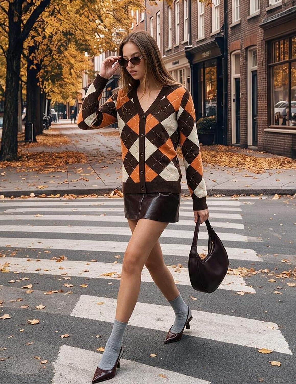 image:imageGRACE KARIN Cardigan Sweaters for Women Fall Argyle Sweater Preppy ClothesBrown Orange Beige
