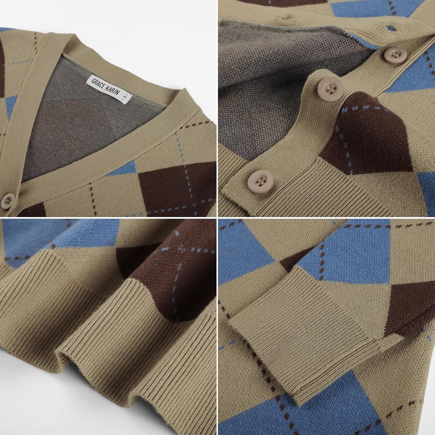 image:imageGRACE KARIN Cardigan Sweaters for Women Fall Argyle Sweater Preppy ClothesKhaki Blue Brown