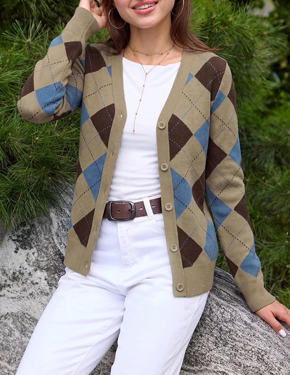 image:imageGRACE KARIN Cardigan Sweaters for Women Fall Argyle Sweater Preppy ClothesKhaki Blue Brown