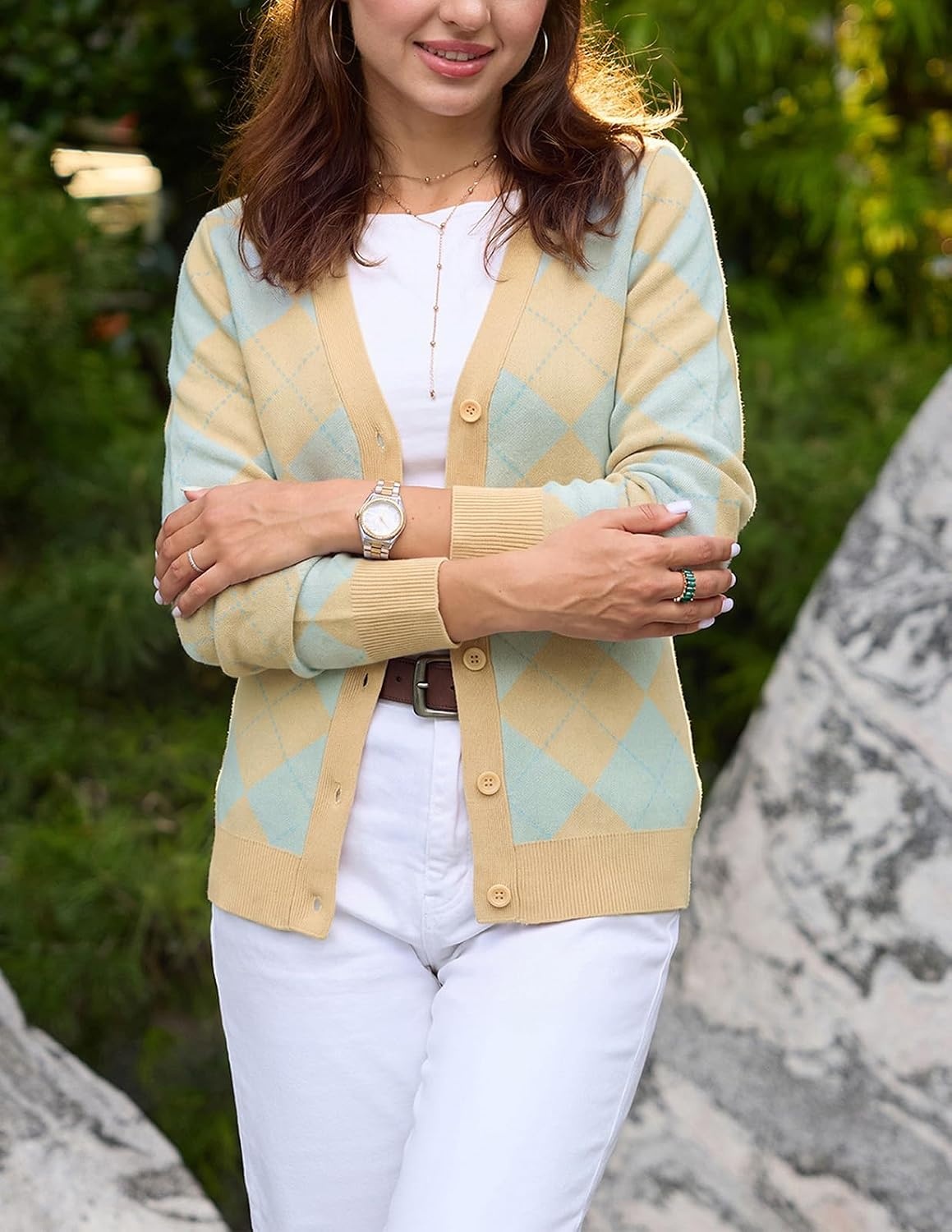 image:imageGRACE KARIN Cardigan Sweaters for Women Fall Argyle Sweater Preppy ClothesLight Yellow Blue